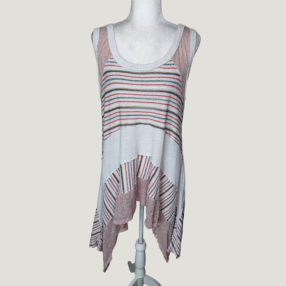 Oli & Hali Boho Mixed Fabric Striped Sharkbite Tank Top M Waffle Knit Lace Tunic